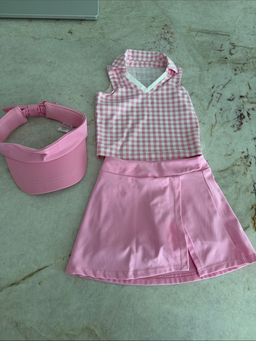 Pink Gingham Sleeveless Polo Top & Pink Skort Set